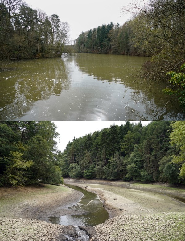 Composite of photos dated 29/03/23 (top) showing Ardingly Reservoir in West Sussex after the recent wet weather throughout March, and on 03/08/22 (bottom) just before the introduction of a hosepipe ban due to water shortages in the summer of 2022. Issue date: Sunday April 2, 2023. PA Photo. Reservoirs across England appear to have benefited from the country's wettest March in more than 40 years. Data up to March 30 showed 111.3mm of rain has fallen in the month across the country, 91% more than average. As a result, water levels appear to have increased, with huge visible differences compared with the summer. See PA story WEATHER Wet . Photo credit should read: Andrew Matthews/PA Wire