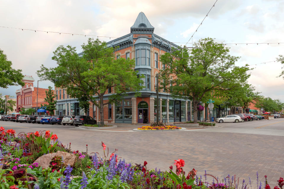 The corner of Walnut Street and Linden Street in Old Town Fort Collins, Colorado