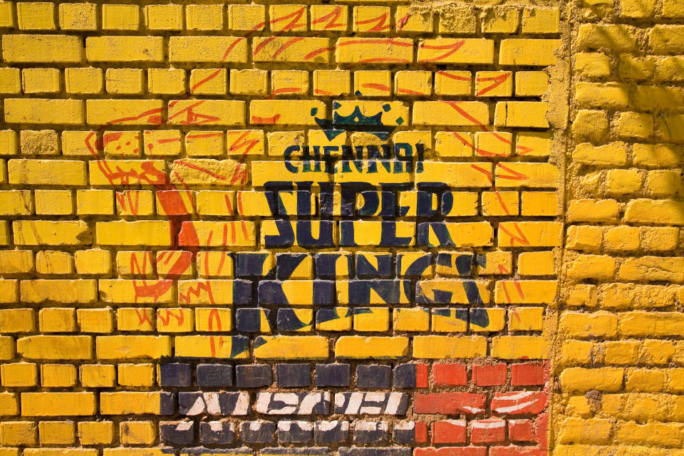 The badge of the Chennai Super Kings on an outer wall of the MA Chidambaram Stadium in Chennai, India.