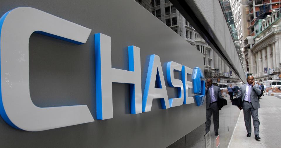 bank stocks JP Morgan Chase logo at the base of one of the bank&#39;s larger Lower Manhattan buildings in New York