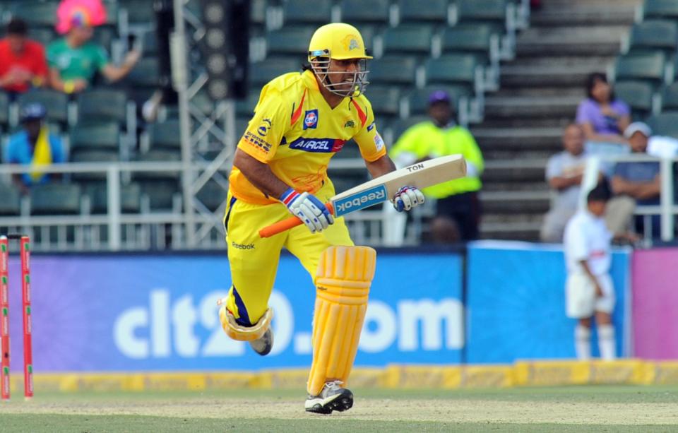 Chennai Super Kings batsman MS Dhoni runs during a Group B match of The Champions League T20 (CLT20) against Sydney Sixers at Wanderers Stadium in Johannesburg on October 14, 2012.
 AFP PHOTO / ALEXANDER JOE        (Photo credit should read ALEXANDER JOE/AFP/GettyImages)