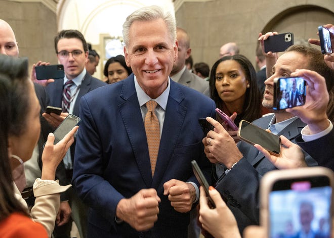 House Speaker Kevin McCarthy speaks to reporters after a House Republican caucus meeting on May 23, 2023, a day after he met with President Joe Biden to discuss raising the federal debt limit.