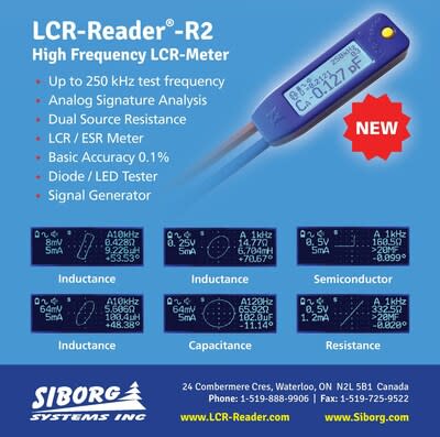 Award Winning All-in-One Multimeter LCR-Reader- MPA, 0.1% basic accuracy, 100 kHz test frequency, LCR/ESR, AC/DC Voltage, Frequency meter, Diode/LED Tester, Signal Generator, Optional Bluetooth module and Ring Coil tester (PRNewsfoto/Siborg Systems Inc.)