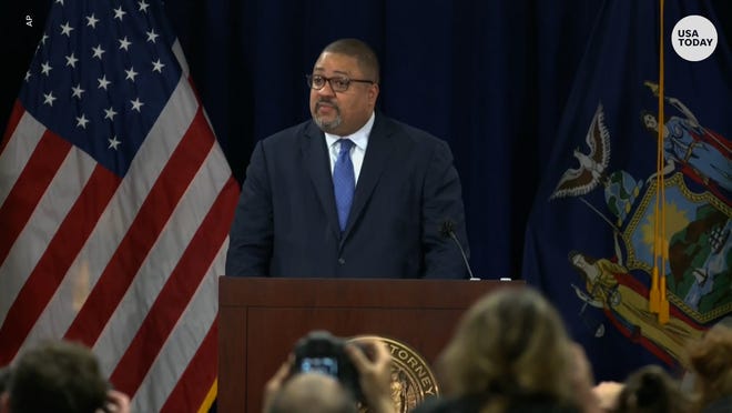 Manhattan District Attorney Alvin Bragg discuss charges filed against former President Donald Trump on April 4, 2023, in New York City.