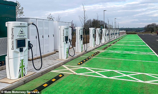 Pictured: Moto's Rugby motorway services at Junction 1 of the M6 opened in April 2021. It was the operator's first new site in 14 years and features 24 ultra-rapid electric vehicle chargers