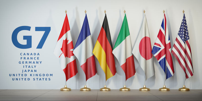 Row from flags of members of G7 group of seven and list of countries.