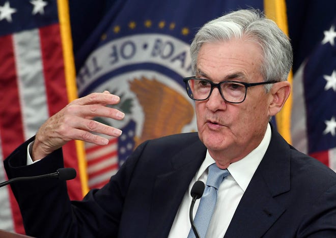 Federal Reserve Board Chair Jerome Powell speaks during a news conference at the Federal Reserve in Washington, DC, on March 22, 2023. - The Federal Reserve raised its benchmark lending rate on Wednesday, in line with expectations, continuing a hiking cycle to tackle high inflation while warning that recent banking troubles could hit households and businesses. The quarter-point increase raises the target range to 4.75-5.00 percent, the Fed announced in a statement. (Photo by OLIVIER DOULIERY / AFP) (Photo by OLIVIER DOULIERY/AFP via Getty Images) ORIG FILE ID: AFP_33BV3HC.jpg