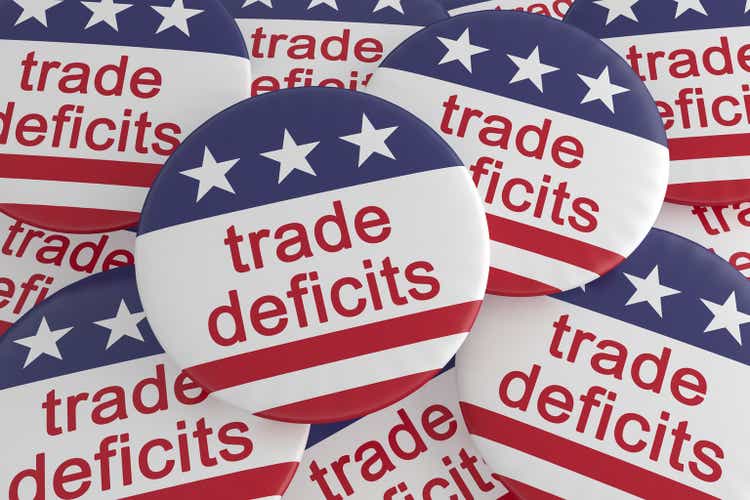 Pile of Trade Deficits Buttons With US Flag, 3d illustration