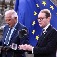 Swedish Foreign Minister Tobias Billstrom attends a news conference with European Union High Representative for Foreign Affairs and Security Policy and Vice-President of the European Commission Josep Borrell at Steninge Castle in connection with the informal meeting of the EU's foreign ministers and commissioners in Stockholm on Friday.  | TT NEWS AGENCY / VIA REUTERS