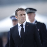 French President Emmanuel Macron attends a ceremony in Roubaix, France, on Thursday.  | AFP-JIJI