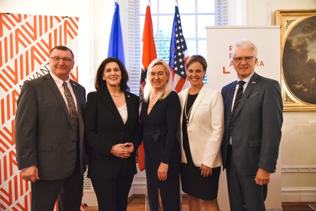 Austrian Ambassador to the U.S. Petra Schneebauer, center, hosted, from left, Maj. Gen. Gregory Knight, Vermont adjutant general; U.S. Ambassador to Austria Victoria Kennedy; Vermont Secretary of Commerce Lindsay Kurrle and Austrian Defense Attache Maj. Gen. Norbert Huber during the SelectUSA Investment Summit in National Harbor, Maryland, May 3, 2023.
