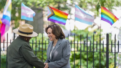 Vice President Kamala Harris, right, greets National Parks Service Superintendent Shirley MaKinney during a visit to the Stonewall Inn and National Monument, Monday, June 26, 2023, in New York. (AP Photo/Mary Altaffer)
