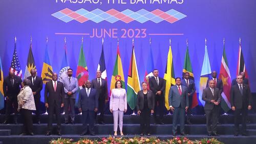 U.S. Vice President Kamala Harris, center, poses for an official group photo with leaders attending the US - Caribbean Leaders meeting, at the Atlantis Conference Center in Nassau, Bahamas, Thursday, June 8, 2023. (AP Photo/Kristaan Ingraham)