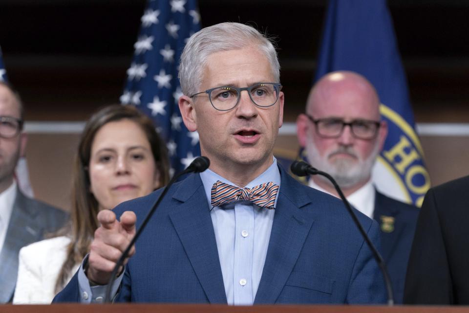 Rep. Patrick McHenry, R-N.C., chairman of the House Financial Services Committee speaks during a news conference on Capitol Hill in Washington, Tuesday, May 30, 2023. (AP Photo/Jose Luis Magana)