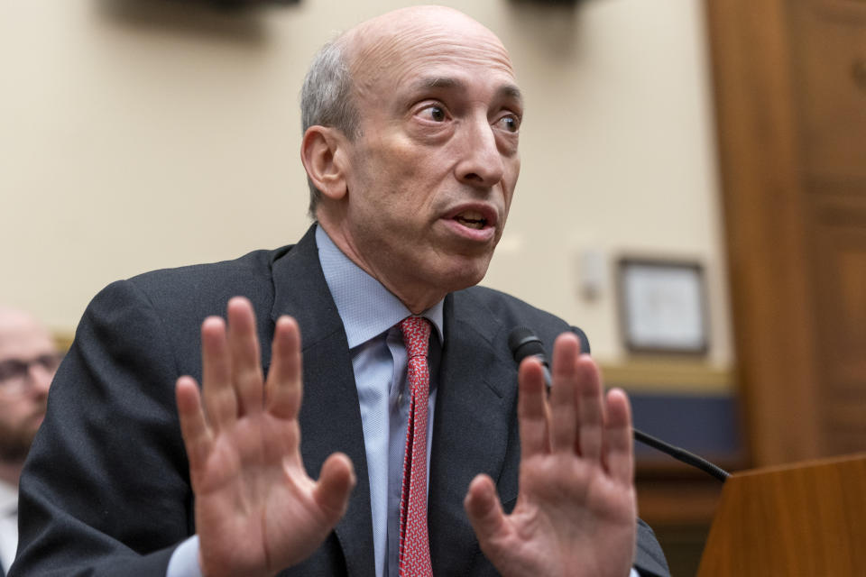 Securities and Exchange Commission (SEC) Chair Gary Gensler testifies during a House Financial Services Committee hearing on oversight of the SEC, Tuesday, April 18, 2023, on Capitol Hill in Washington. (AP Photo/Jacquelyn Martin)
