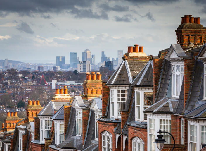 Mortgage  The red brick Victorian row houses of Muswell Hill with panoramic views across to the skyscrapers and financial district of the city of London.