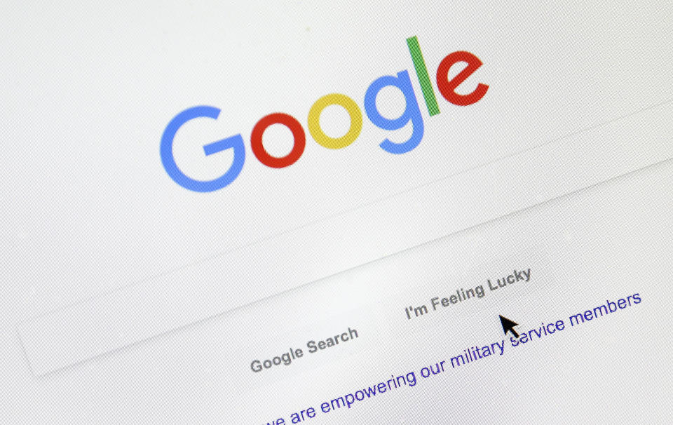 FILE - A cursor moves over Google&#39;s search engine page on Aug. 28, 2018, in Portland, Ore. Brazil&#x002019;s Justice Ministry on Tuesday, May 2, 2023, ordered Google to stop conducting what it called a propaganda campaign against Brazilian legislation aimed at curbing misinformation, or face about $200,000 per hour in fines. (AP Photo/Don Ryan, File)