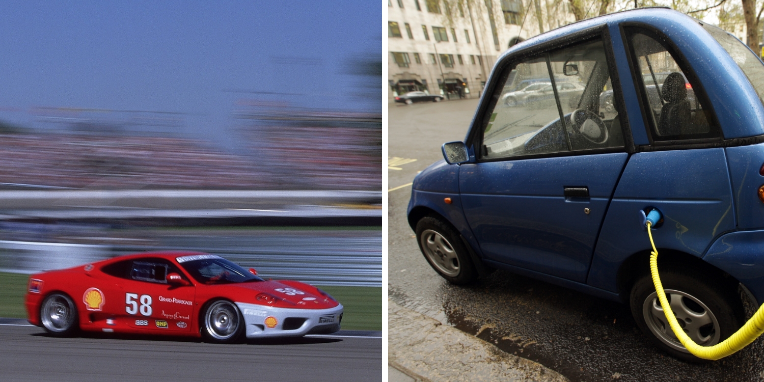 A Ferrari 360 Modena speeds along a racetrack (left) and a tiny G-Wiz electric car is seen being charged.