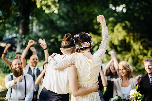 Lesbian couple celebrating their marriage