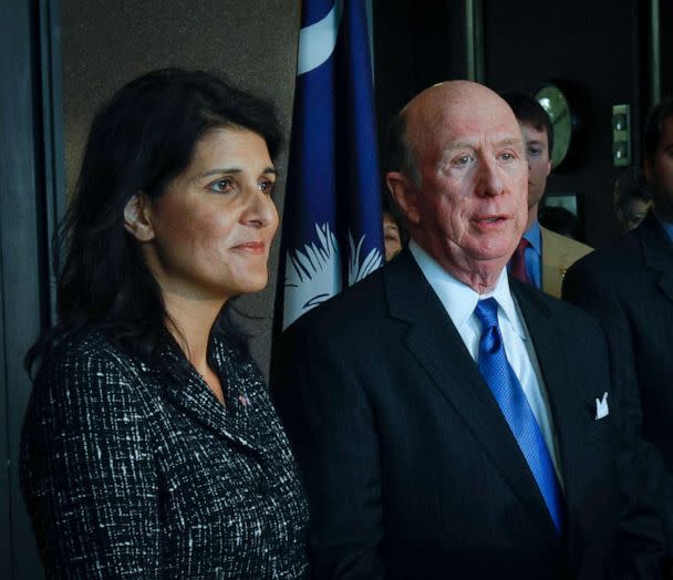PHOTO: South Carolina Governor-elect Nikki Haley with former U.S. ambassador David Wilkins who was chosen to run her transition team, Nov 8, 2010, in Columbia, S.C. (Tim Dominick/The State via AP, FILE)