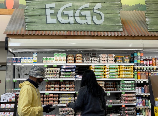 SAN RAFAEL, CALIFORNIA - APRIL 12: Customers shop for eggs at a Sprouts grocery store on April 12, 2023 in San Rafael, California. According to a report by the Bureau of Labor Statistics, inflation in March slowed to its lowest rate in nearly two years with prices rising 5 percent, down from 6 percent in February.