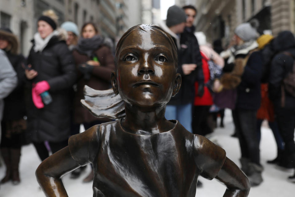 The &#39;Fearless Girl&#39; statue which stands in front of Wall Street&#39;s Charging Bull statue is seen in New York, U.S., March 15, 2017. REUTERS/Shannon Stapleton