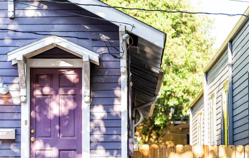 New Orleans, Usa Old Street Historic District In Louisiana Famous Town, City, Purple Painted House Wall Colorful Entrance, Building Nobody