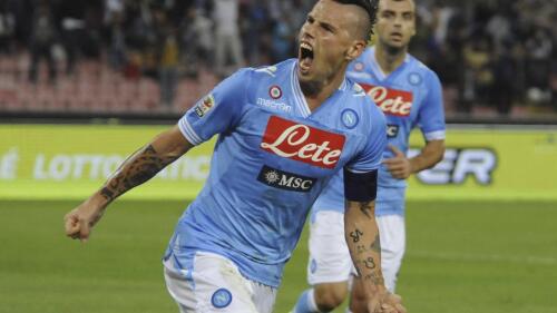 FILE - Napoli's Marek Hamsik, of Slovakia, celebrates after scoring during a Serie A soccer match between Napoli and Udinese, at the Napoli San Paolo stadium, Italy, Sunday, Oct. 7, 2012. Former Slovakia and Napoli captain Marek Hamšík announced on Thursday, June 1, 2023, he is retiring from soccer at the end of the season. (AP Photo/Salvatore Laporta, File)