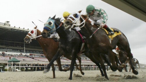 FILE - Hall of Fame jockey Russell Baze, right, riding Two Step Cat crosses the finish line to win his 10,000th race at Golden Gate Fields in Albany, Calif., Jan. 1, 2008. Golden Gate Fields will permanently close after its final racing date later in 2023 at the San Francisco Bay area horse track. The track's owner, The Stronach Group, said Sunday, July 16, 2023, that it will “double down” on its racing at Santa Anita and training at San Luis Rey Downs in Southern California. (AP Photo/Eric Risberg, File)