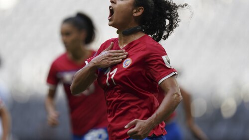 FILE - Costa Rica's Raquel Rodriguez celebrates after scoring the opening goal against Panama during a CONCACAF Women's Championship soccer match in Monterrey, Mexico, Tuesday, July 5, 2022. (AP Photo/Fernando Llano, File)