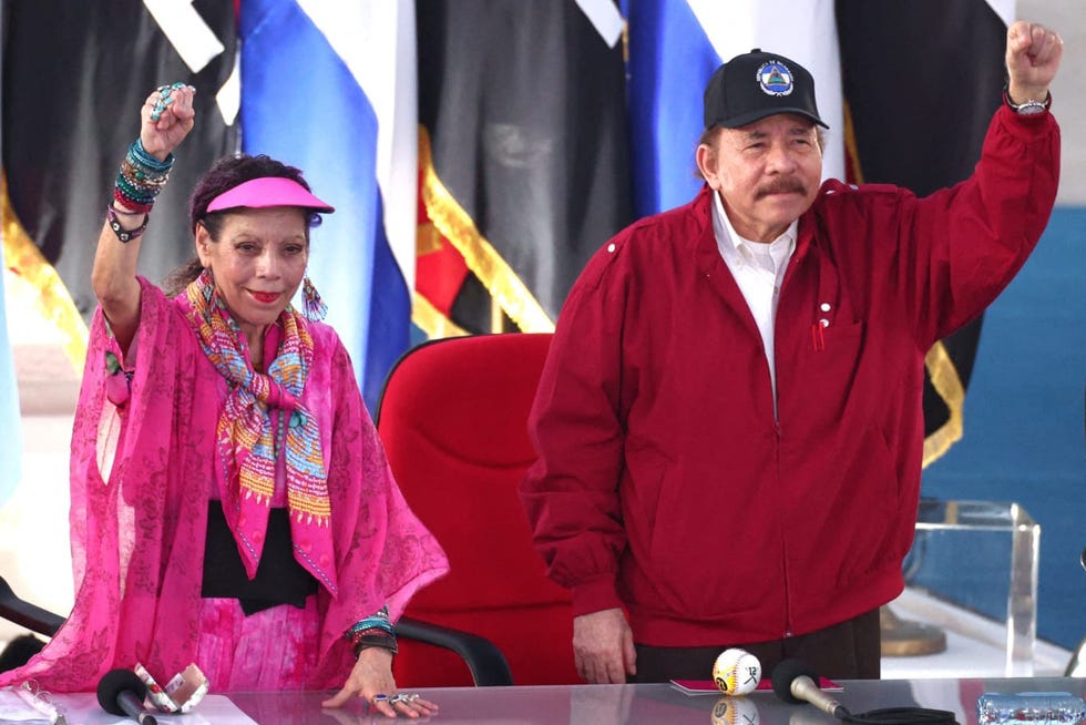 A picture released by the Nicaraguan presidency shows President Daniel Ortega and his wife and Vice President Rosario Murillo greeting supporters, July 19, 2023.