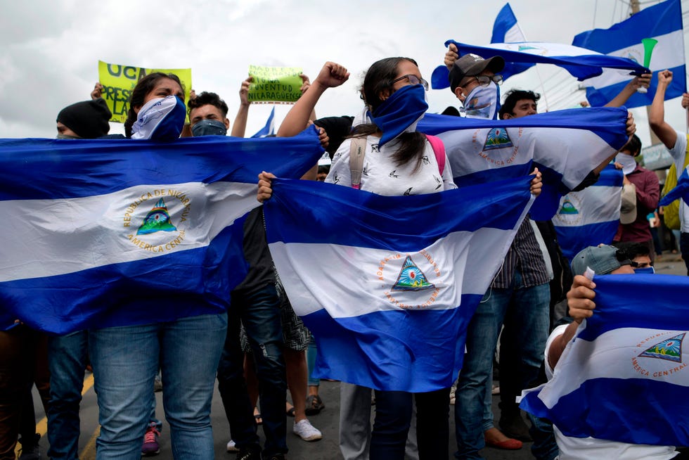 Students from different universities from across Nicaragua demonstrate against President Daniel Ortega and his powerful vice president, wife Rosario Murillo, in 2018.