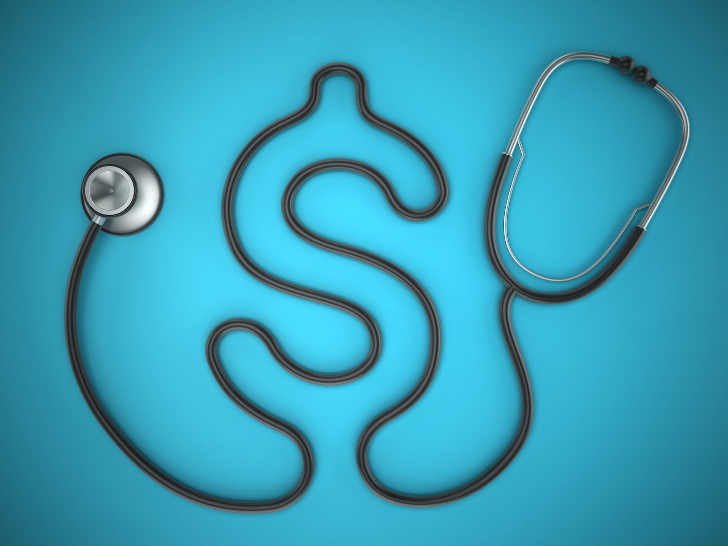 Stethoscope with dollar shaped cord standing on turquoise background. Vignette effect applied.