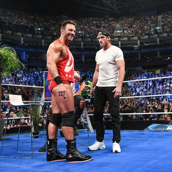 WWE superstar LA Knight with Logan Paul on SmackDown at The O2 in London before Money In The Bank