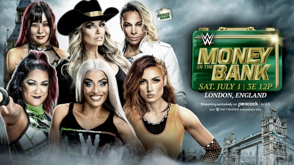 WWE Money In The Bank poster for women's ladder match with Iyo Sky, Trish Stratus, Zoey Stark, Bayley, Zelina Vega and Becky Lynch