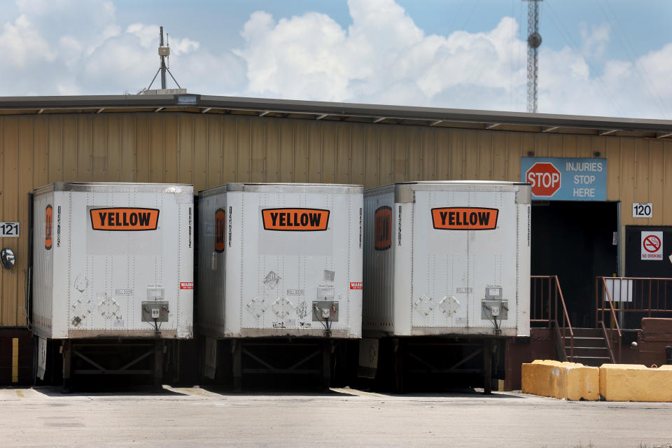 MEDLEY, FLORIDA - JUNE 28: Yellow Corp. box trailers sit at a terminal on June 28, 2023 in Medley, Florida. According to reports, the Treasury Department had erred in loaning the trucking company money as part of a 2020 Covid-19 rescue package. Yellow Corporation received a $700 million pandemic assistance loan from the U.S. government. It has only paid $230 on the principal. (Photo by Joe Raedle/Getty Images)