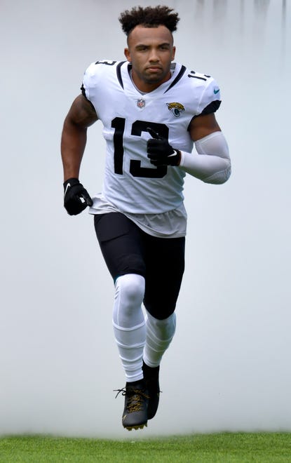 Jacksonville Jaguars wide receiver Christian Kirk (13) runs onto the field before the start of Sunday's game against the Colts. The Jaguars went into the first half with a 17 to 0 lead over the Colts. The Jacksonville Jaguars hosted the Indianapolis Colts at TIAA Bank field in Jacksonville, FL Sunday, September 18, 2022. [Bob Self/Florida Times-Union]