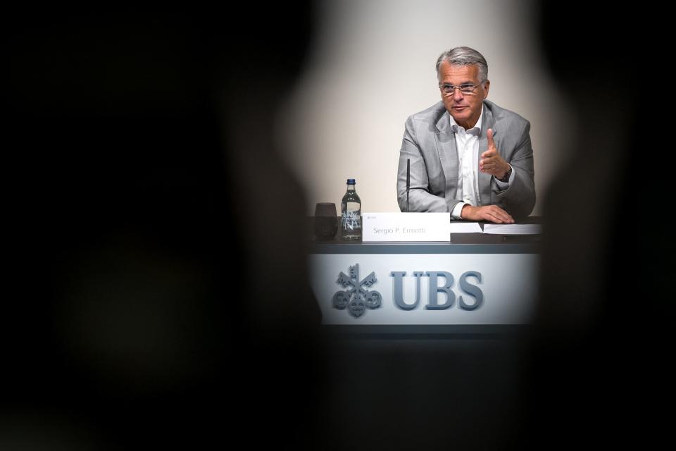 UBS chief executive Sergio Ermotti speaks during a press conference on the first results of the Swiss giant banking UBS since it's Credit Suisse merger in Zurich on August 31, 2023. UBS has decided that the Swiss unit of its recently-swallowed rival Credit Suisse will be 