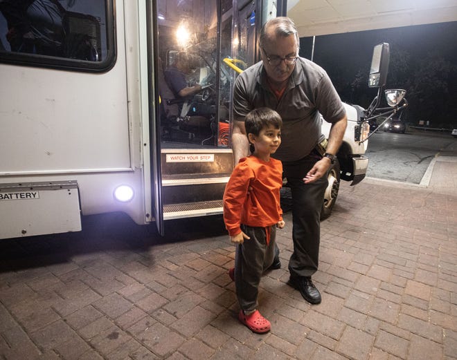 A young boy was among the families of asylum seekers led into the Ramada hotel in Yonkers onkers May 15, 2023. The families were being housed in New York City.