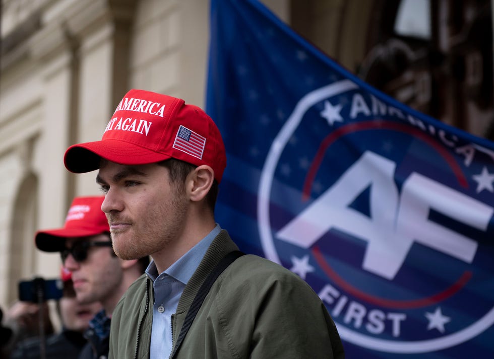 Nick Fuentes, far-right activist, holds a rally at the Lansing Capitol, in Lansing, Mich., Nov. 11, 2020
