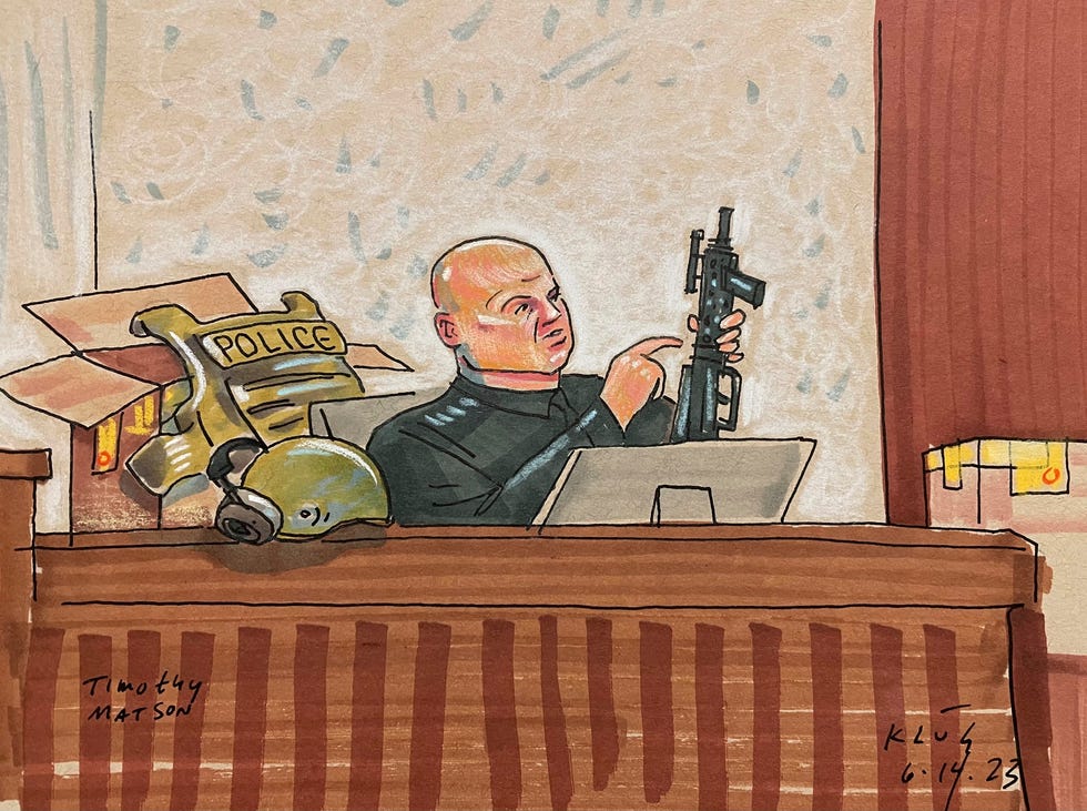 In this courtroom sketch, Pittsburgh SWAT Officer Timothy Matson, who was critically wounded while responding to the rampage, testifies, Wednesday, June 14, 2023, in Pittsburgh, in the federal trial of Robert Bowers. Bowers is accused of shooting to death 11 worshippers in a synagogue more than four years ago, the deadliest antisemitic attack in U.S. history. (David Klug via AP) ORG XMIT: NYDD201