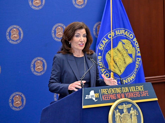 Gov. Kathy Hochul speaks in Buffalo on July 28, 2023.