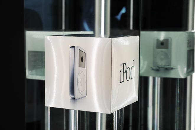 A sealed first generation Apple iPod from 2001 on display at the Rally Museum in Manhattan, New York.