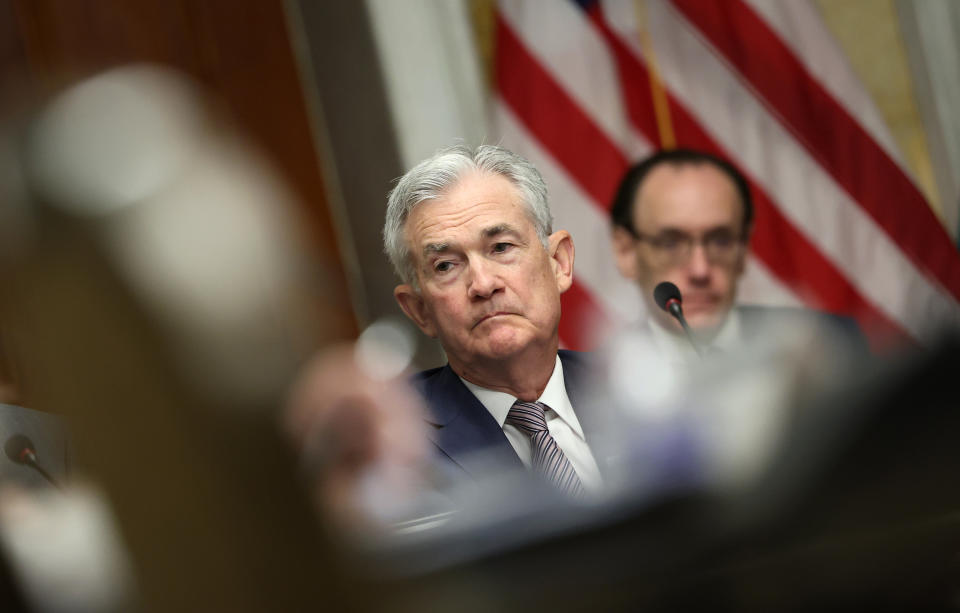 stocks WASHINGTON, DC - JULY 28: Federal Reserve Chairman Jerome Powell participates in a meeting of the Financial Stability Oversight Council at the U.S. Treasury on July 28, 2023 in Washington, DC. The council met to deliver an update on the Council’s Climate-related Financial Risk Committee and spoke on the transition from LIBOR. (Photo by Kevin Dietsch/Getty Images)