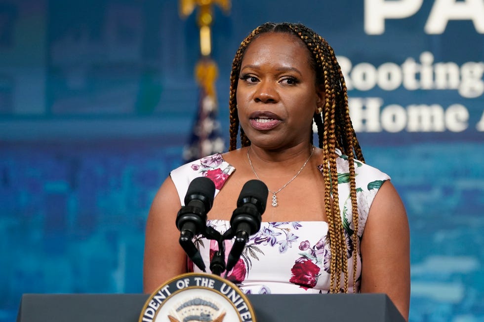 Homeowner Tenisha Tate-Austin speaks before introducing Vice President Kamala Harris at an event to announce plans to address racial and ethnic bias in home valuations in the South Court Auditorium on the White House campus, Wednesday, March 23, 2022, in Washington.
