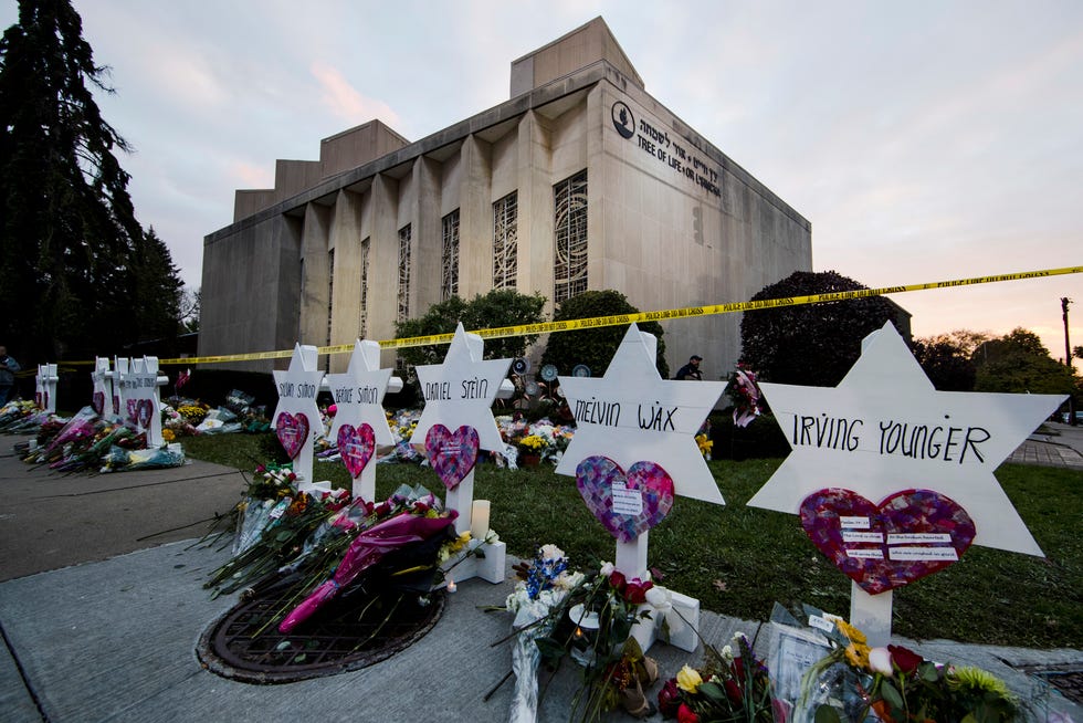 A makeshift memorial stands outside the Tree of Life Synagogue in the aftermath of a deadly shooting in Pittsburgh, Oct. 29, 2018. Robert Bowers, the man who killed 11 congregants at the Pittsburgh synagogue, was formally sentenced to death on  Aug. 3.