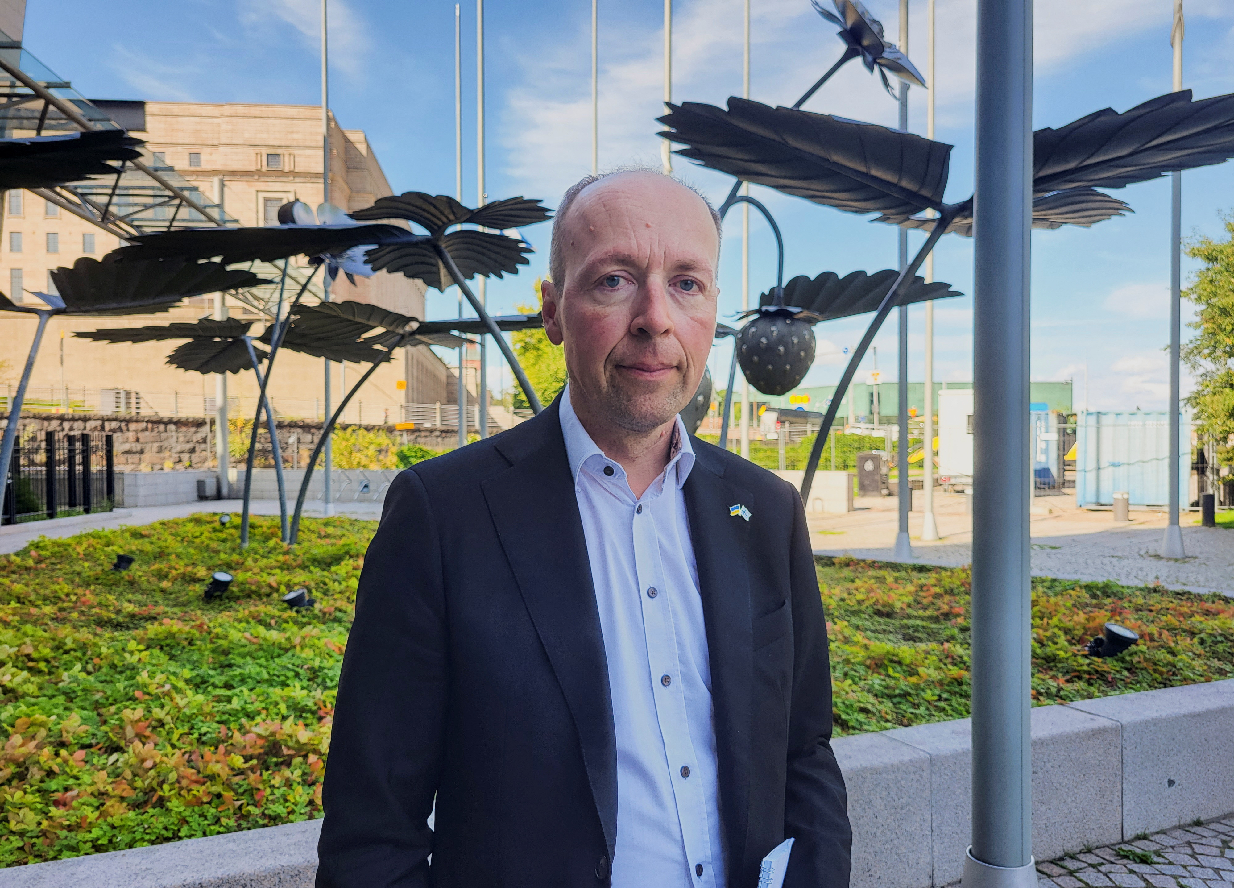 The speaker of Finland's Parliament Jussi Halla-aho stands outside the Finnish Parliament Annex, in Helsinki