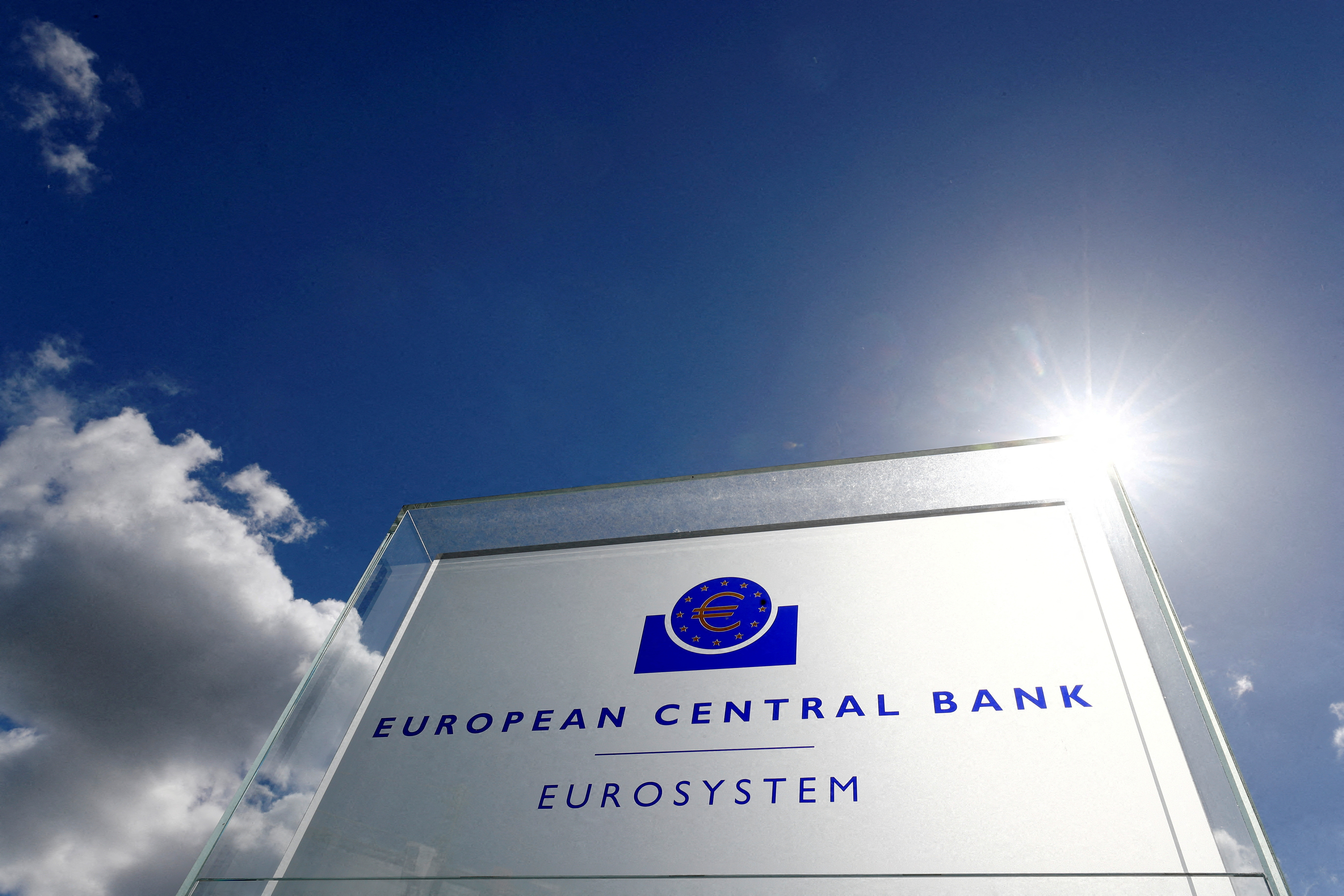 The logo of the European Central Bank (ECB) is pictured outside its headquarters in Frankfurt