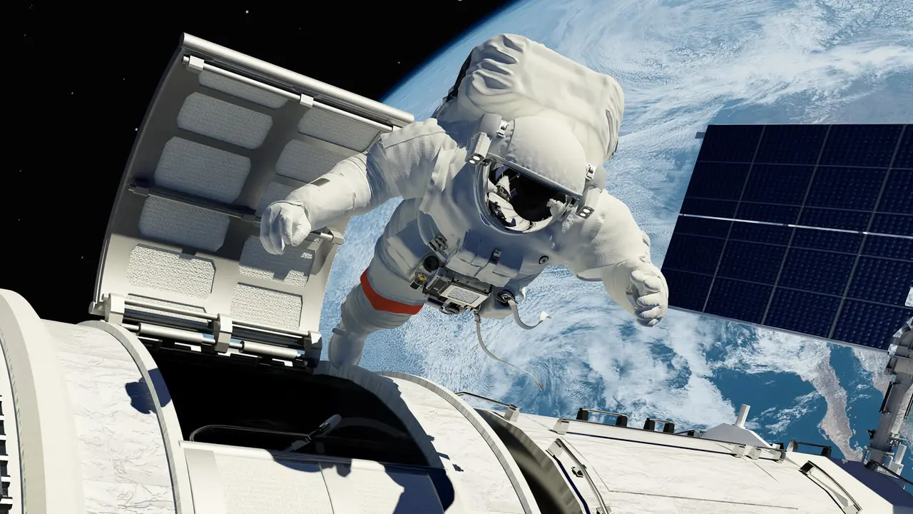 Astronaut goes through the hatch into space.