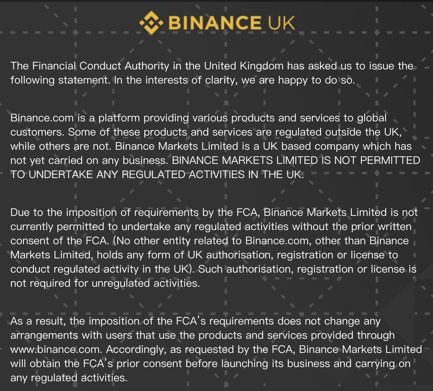 Binance's compliance with Financial Conduct Authority's request. Source: bianace.co.uk